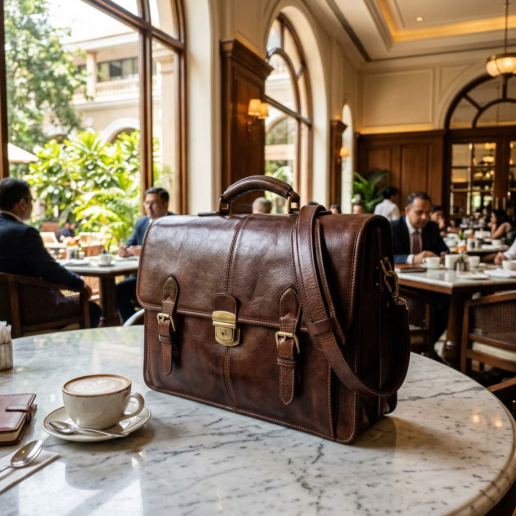 Restored leather bag in an elegant cafe