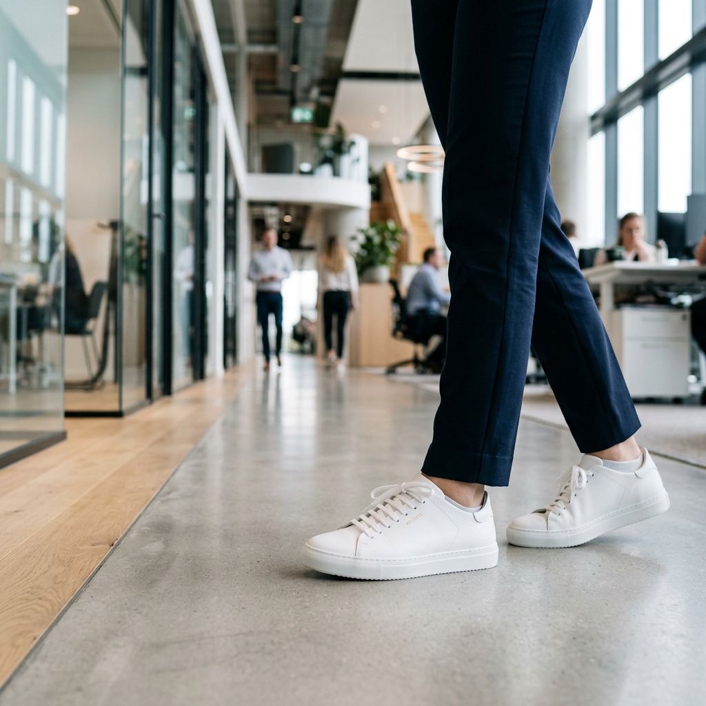 Minimalist sneakers in a corporate office